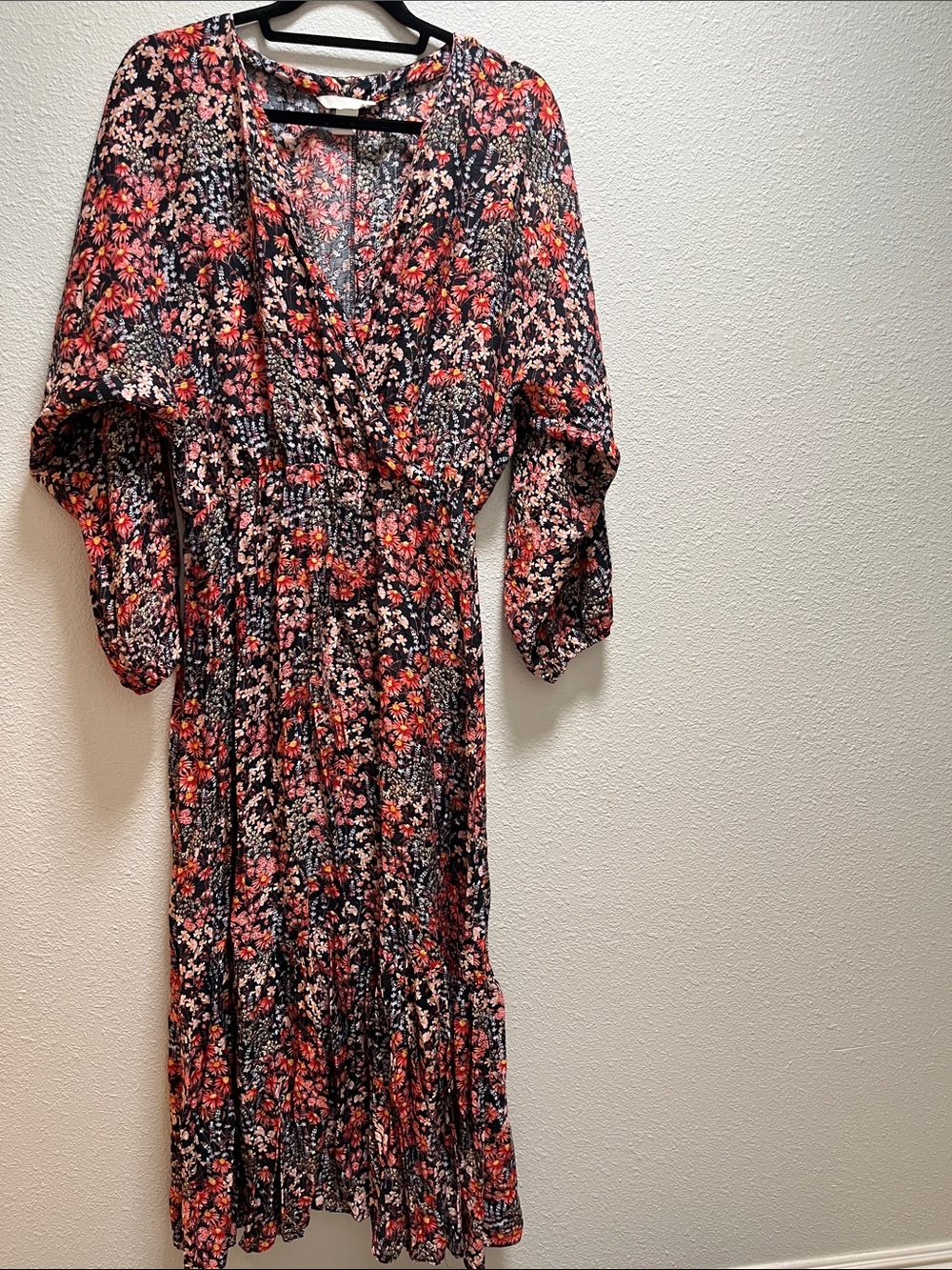 H&M Black Floral Midi Dress with Pink & Orange Blooms